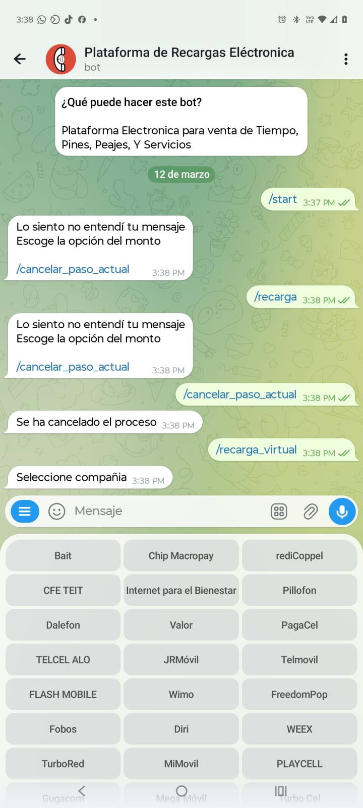 Paso 1 para activar recargas por Telegram en Linntae
